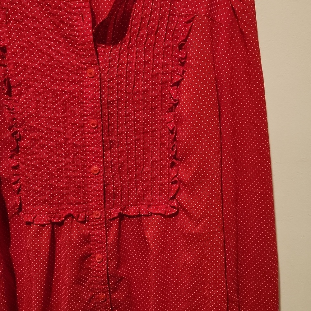❤ J CREW RED PINTUCK RUFFLE BIB BUTTON DOWN POLKA DOT TOP / SHIRT, 4 - Picture 5 of 10